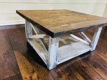 Load image into Gallery viewer, Farmhouse Square Coffee Table: Espresso Brown Top, Distressed White Base

