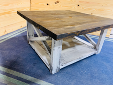 Load image into Gallery viewer, Farmhouse Square Coffee Table: Espresso Brown Top, Distressed White Base
