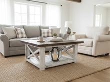 Load image into Gallery viewer, Farmhouse Square Coffee Table: Espresso Brown Top, Distressed White Base

