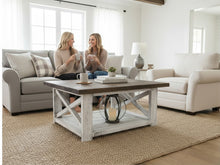 Load image into Gallery viewer, Farmhouse Square Coffee Table: Espresso Brown Top, Distressed White Base

