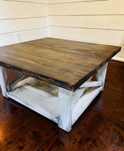 Load image into Gallery viewer, Farmhouse Square Coffee Table: Espresso Brown Top, Distressed White Base
