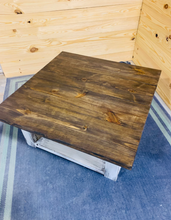 Load image into Gallery viewer, Farmhouse Square Coffee Table: Espresso Brown Top, Distressed White Base
