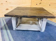 Load image into Gallery viewer, Farmhouse Square Coffee Table: Espresso Brown Top, Distressed White Base
