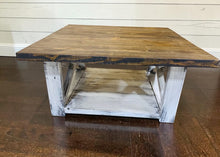 Load image into Gallery viewer, Farmhouse Square Coffee Table: Espresso Brown Top, Distressed White Base

