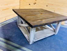 Load image into Gallery viewer, Farmhouse Square Coffee Table: Espresso Brown Top, Distressed White Base
