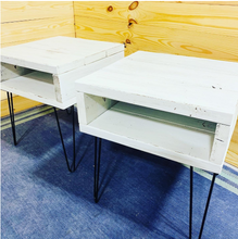 Load image into Gallery viewer, Distressed White Side Table with Hairpin Legs: Industrial Nightstand
