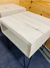 Load image into Gallery viewer, Distressed White Side Table with Hairpin Legs: Industrial Nightstand
