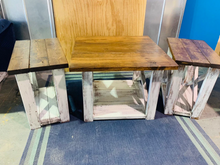 Load image into Gallery viewer, Rustic Farmhouse Table Set: Distressed White &amp; Provincial Brown
