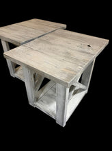 Load image into Gallery viewer, Rustic Farmhouse End Table Set: Gray White Wash, Distressed Base, X Brace
