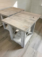 Load image into Gallery viewer, Rustic Farmhouse End Table Set: Gray White Wash, Distressed Base, X Brace
