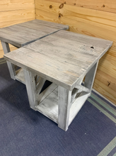 Load image into Gallery viewer, Rustic Farmhouse End Table Set: Gray White Wash, Distressed Base, X Brace
