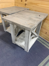 Load image into Gallery viewer, Rustic Farmhouse End Table Set: Gray White Wash, Distressed Base, X Brace
