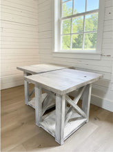 Load image into Gallery viewer, Rustic Farmhouse End Table Set: Gray White Wash, Distressed Base, X Brace
