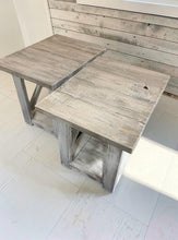 Load image into Gallery viewer, Rustic Farmhouse End Table Set: Gray White Wash, Distressed Base, X Brace
