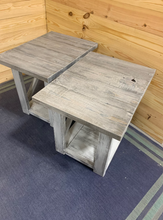 Load image into Gallery viewer, Rustic Farmhouse End Table Set: Gray White Wash, Distressed Base, X Brace
