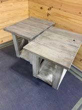 Load image into Gallery viewer, Rustic Farmhouse End Table Set: Gray White Wash, Distressed Base, X Brace
