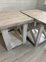 Load image into Gallery viewer, Rustic Farmhouse End Table Set: Gray White Wash, Distressed Base, X Brace
