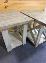 Load image into Gallery viewer, Rustic Farmhouse End Table Set: Gray White Wash, Distressed Base, X Brace
