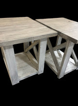 Load image into Gallery viewer, Rustic Farmhouse End Table Set: Gray White Wash, Distressed Base, X Brace
