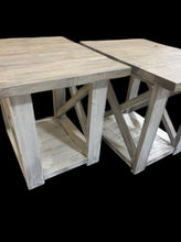 Load image into Gallery viewer, Rustic Farmhouse End Table Set: Gray White Wash, Distressed Base, X Brace
