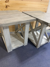 Load image into Gallery viewer, Rustic Farmhouse End Table Set: Gray White Wash, Distressed Base, X Brace
