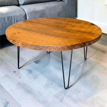 Load image into Gallery viewer, Round Coffee Table Wood Hairpin Legs Rustic Farmhouse Pine Living Room Handmade Metal Design
