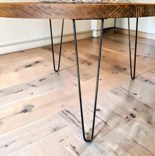Load image into Gallery viewer, Round Coffee Table Wood Hairpin Legs Rustic Farmhouse Pine Living Room Handmade Metal Design
