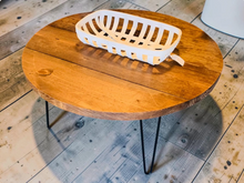Load image into Gallery viewer, Round Coffee Table Wood Hairpin Legs Rustic Farmhouse Pine Living Room Handmade Metal Design
