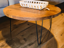 Load image into Gallery viewer, Round Coffee Table Wood Hairpin Legs Rustic Farmhouse Pine Living Room Handmade Metal Design
