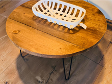 Load image into Gallery viewer, Round Coffee Table Wood Hairpin Legs Rustic Farmhouse Pine Living Room Handmade Metal Design
