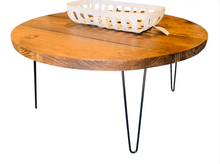 Load image into Gallery viewer, Round Coffee Table Wood Hairpin Legs Rustic Farmhouse Pine Living Room Handmade Metal Design
