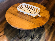 Load image into Gallery viewer, Round Coffee Table Wood Hairpin Legs Rustic Farmhouse Pine Living Room Handmade Metal Design

