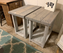 Load image into Gallery viewer, Farmhouse End Tables Set: Distressed White &amp; Gray Wooden Side Tables
