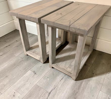 Load image into Gallery viewer, Farmhouse End Tables Set: Distressed White &amp; Gray Wooden Side Tables
