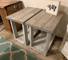 Load image into Gallery viewer, Farmhouse End Tables Set: Distressed White &amp; Gray Wooden Side Tables
