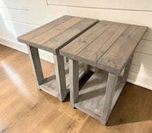 Load image into Gallery viewer, Farmhouse End Tables Set: Distressed White &amp; Gray Wooden Side Tables
