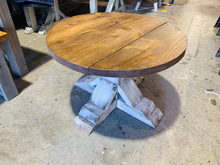 Load image into Gallery viewer, Round Farmhouse Coffee Table: Distressed White Pedestal Base, Provincial Brown Top
