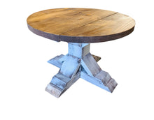 Load image into Gallery viewer, Round Farmhouse Coffee Table: Distressed White Pedestal Base, Provincial Brown Top
