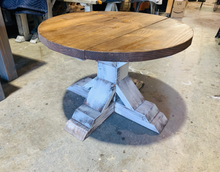 Load image into Gallery viewer, Round Farmhouse Coffee Table: Distressed White Pedestal Base, Provincial Brown Top
