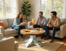 Load image into Gallery viewer, Round Farmhouse Coffee Table: Distressed White Pedestal Base, Provincial Brown Top
