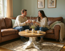 Load image into Gallery viewer, Round Farmhouse Coffee Table: Distressed White Pedestal Base, Provincial Brown Top
