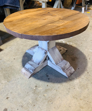 Load image into Gallery viewer, Round Farmhouse Coffee Table: Distressed White Pedestal Base, Provincial Brown Top
