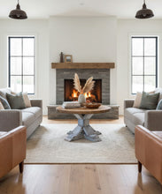 Load image into Gallery viewer, Round Farmhouse Coffee Table: Distressed White Pedestal Base, Provincial Brown Top
