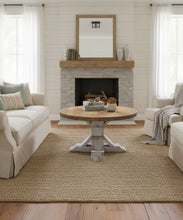 Load image into Gallery viewer, Round Farmhouse Coffee Table: Distressed White Pedestal Base, Provincial Brown Top
