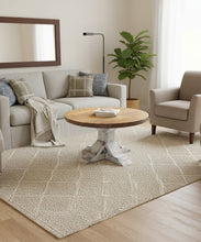 Load image into Gallery viewer, Round Farmhouse Coffee Table: Distressed White Pedestal Base, Provincial Brown Top
