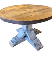 Load image into Gallery viewer, Round Farmhouse Coffee Table: Distressed White Pedestal Base, Provincial Brown Top
