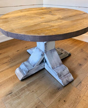 Load image into Gallery viewer, Round Farmhouse Coffee Table: Distressed White Pedestal Base, Provincial Brown Top
