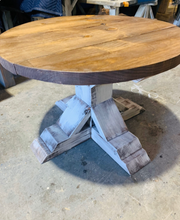 Load image into Gallery viewer, Round Farmhouse Coffee Table: Distressed White Pedestal Base, Provincial Brown Top
