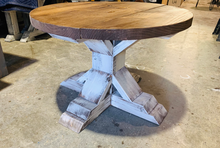 Load image into Gallery viewer, Round Farmhouse Coffee Table: Distressed White Pedestal Base, Provincial Brown Top

