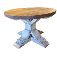 Load image into Gallery viewer, Round Farmhouse Coffee Table: Distressed White Pedestal Base, Provincial Brown Top
